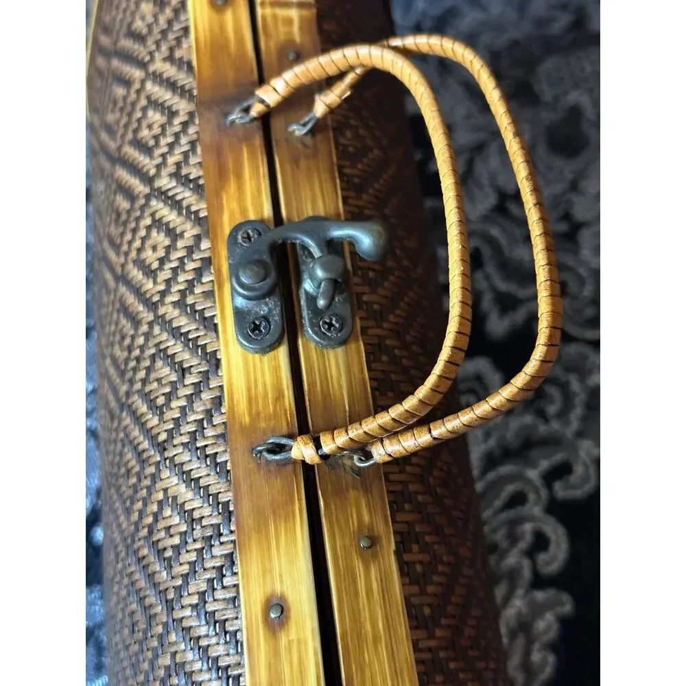 Vintage Hard Wood Shell Woven Brown Purse Hand Bag Ethnic Handmade Boho Coastal